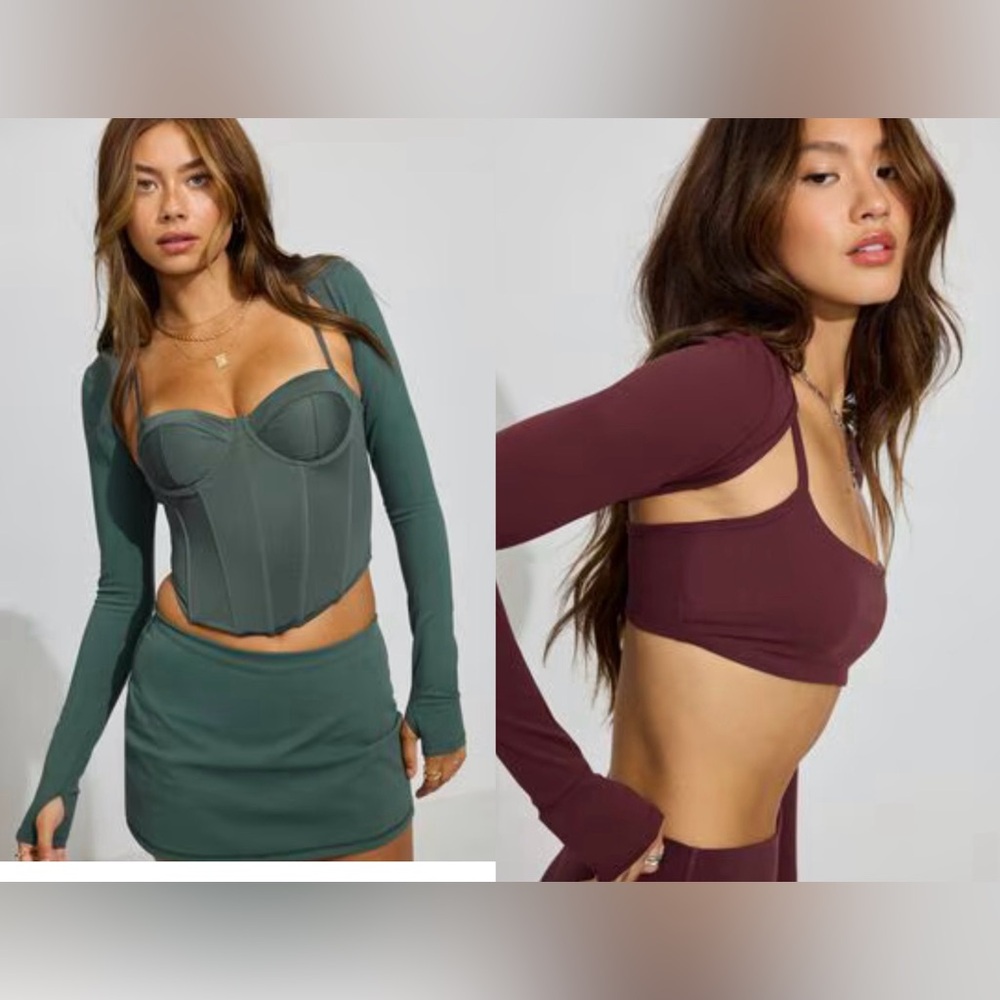 GARAGE Set 2 Active Shrugs Crop Top Urban Chic Green & Port Royal Burgundy XS
